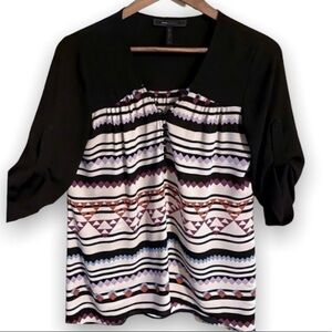 BCBG Blouse, 3/4 button up sleeve, geometric design.